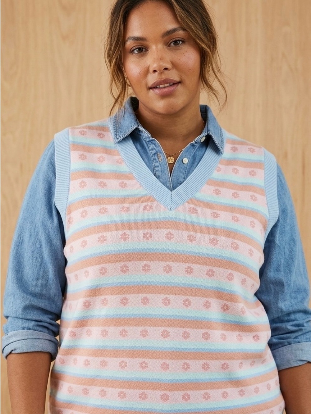 Daisy Street Pastel Striped Oversized Knit Sweater Vest - Size XL